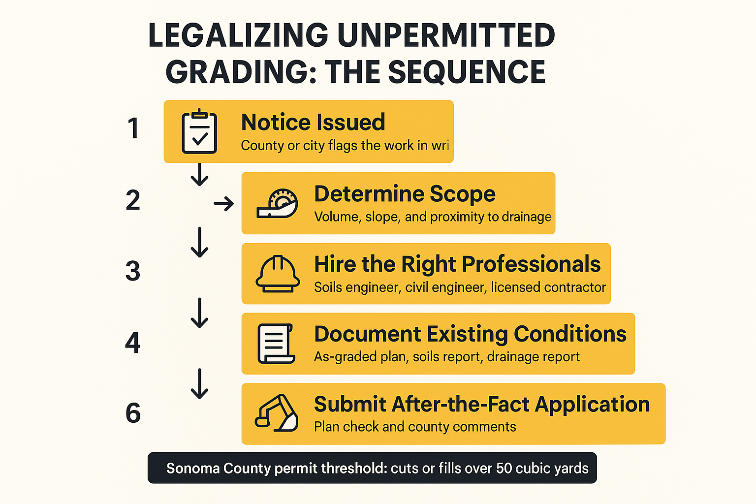 Infographic showing the six-step process for legalizing unpermitted grading in Sonoma County