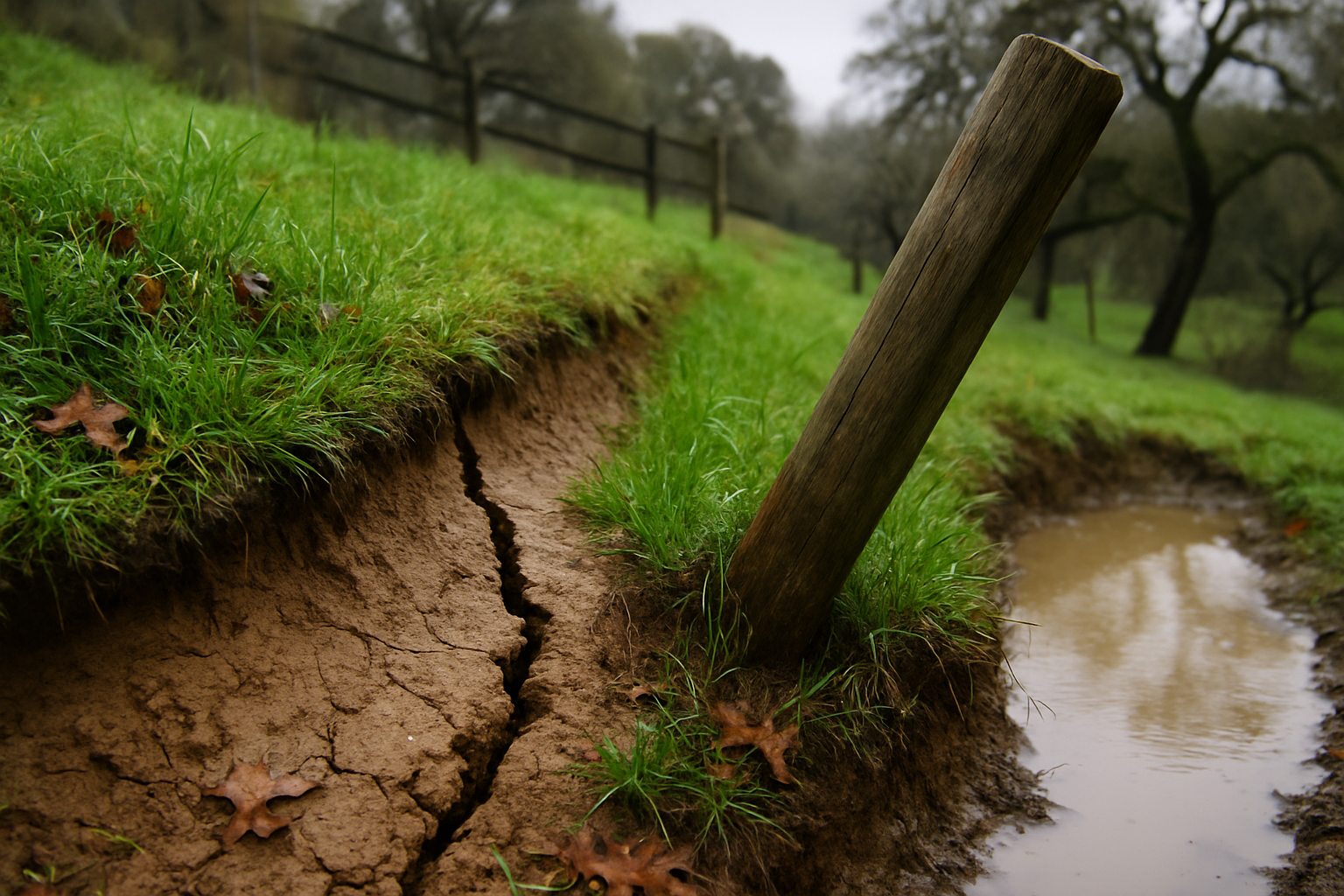 Cracked soil and a leaning fence post at the top of a wet hillside slope, early signs of slope movement