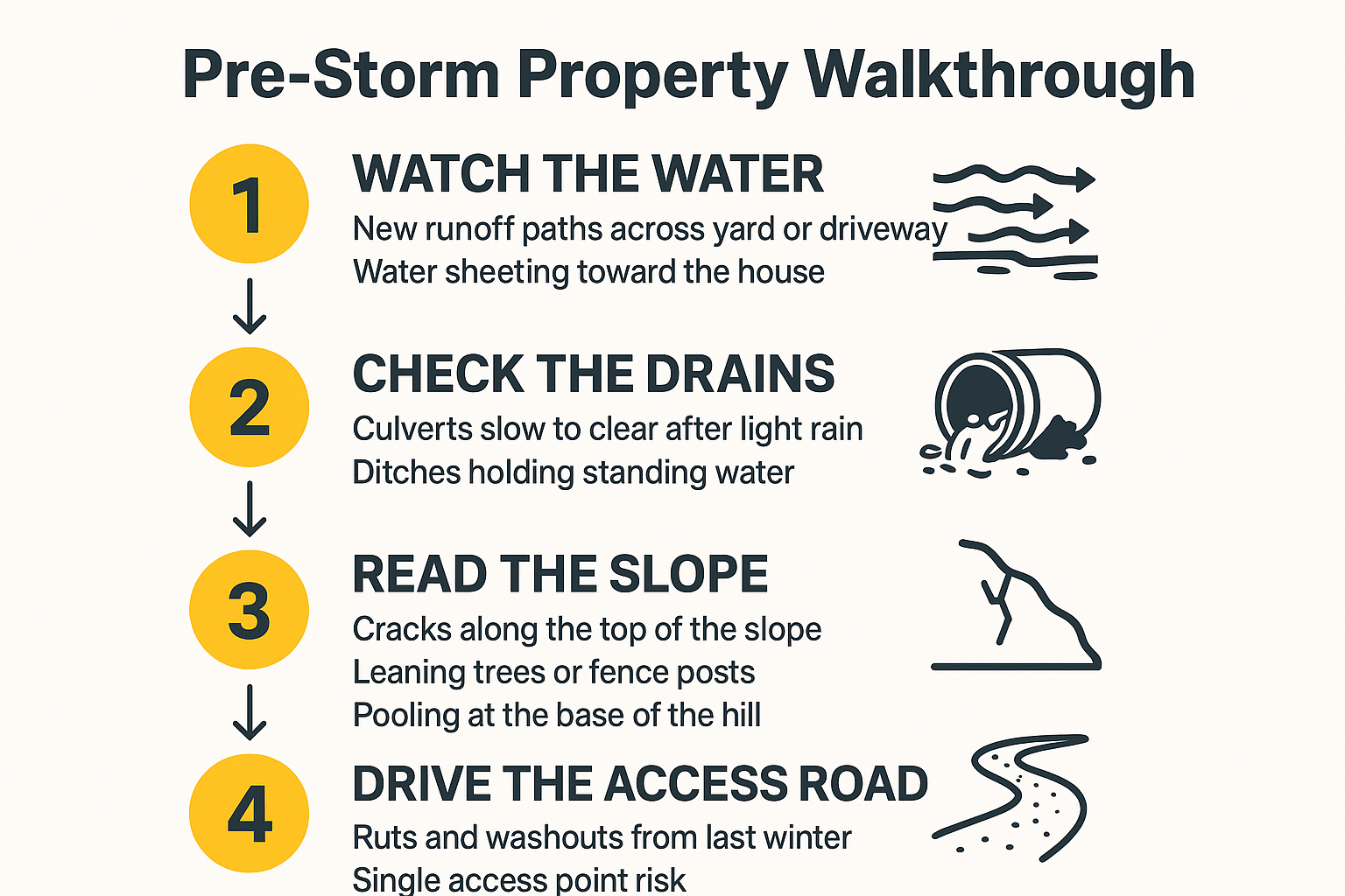 Infographic checklist showing four pre-storm property inspection steps for Monterey County owners