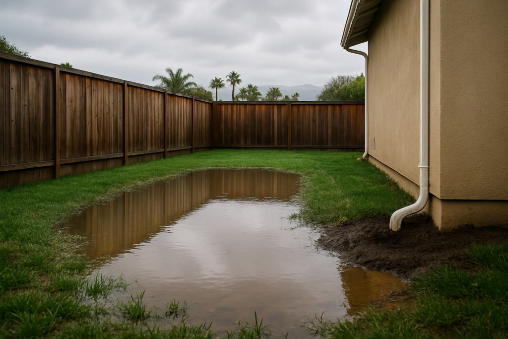 Standing water pooled near a home's foundation corner, demonstrating yard flooding and drainage problems.