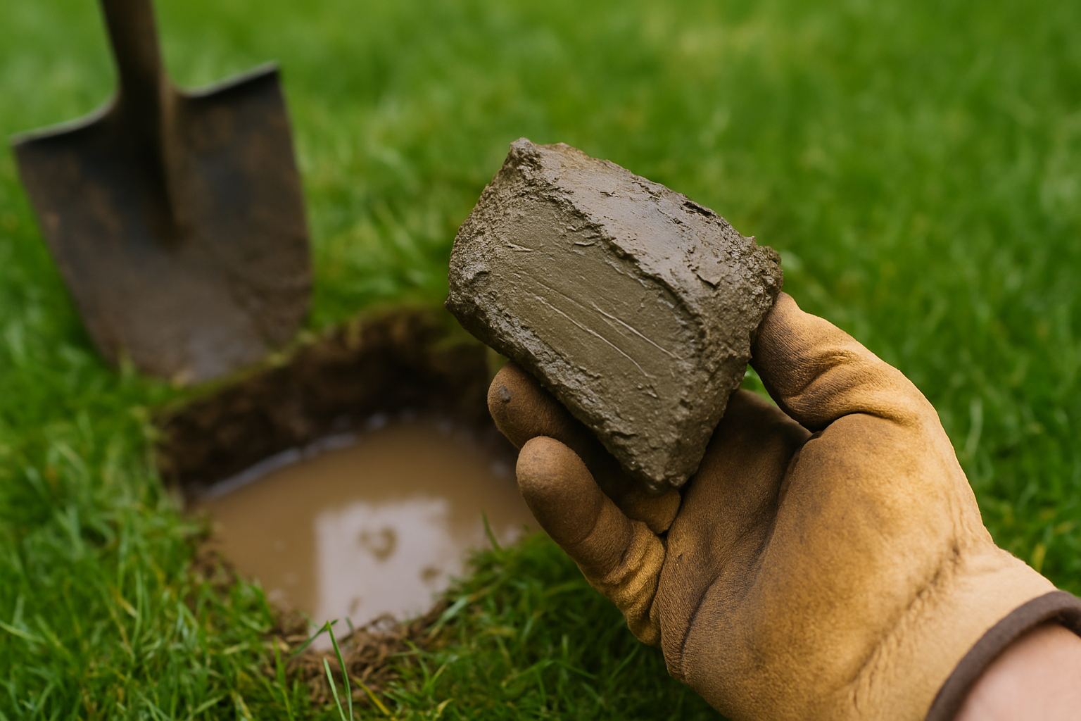 Hand holding a wedge of dense wet clay soil beside a test hole filling with water in a lawn